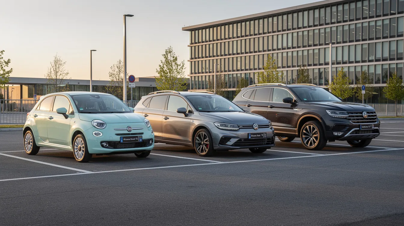 Une image montre trois voitures de catégories différentes alignées sur un parking moderne : une citadine, une compacte et un SUV. Cette scène évoque la location de voiture à Casablanca, offrant ainsi une variété d'options pour les voyageurs en quête de confort et de style durant leur séjour au Maroc.