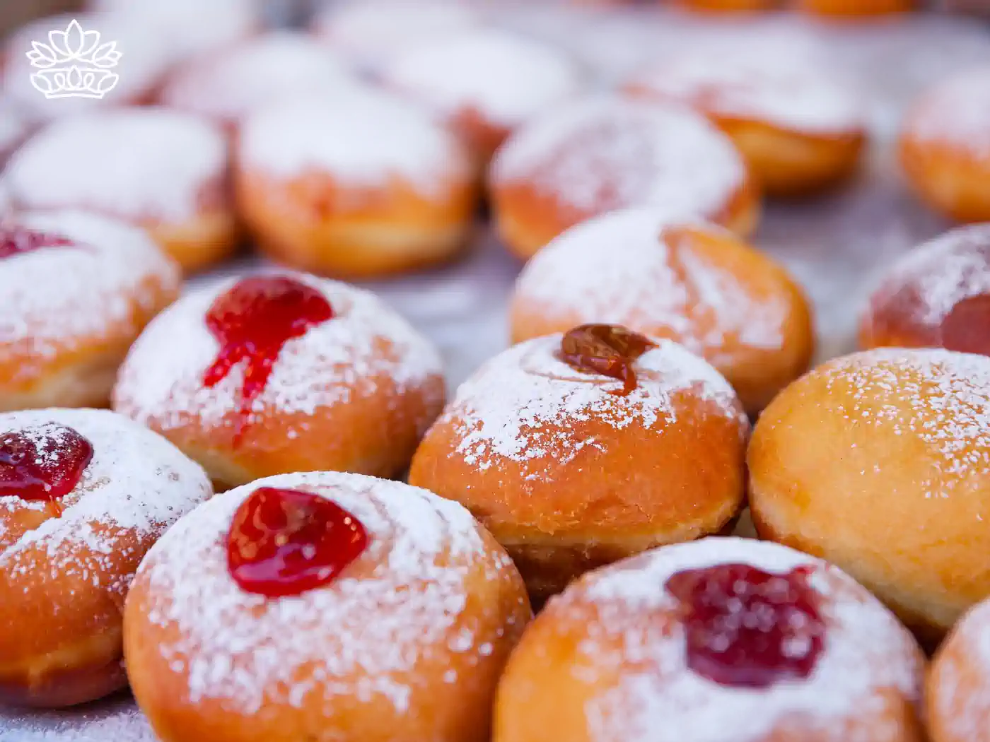 A tray of traditional Hanukkah jelly doughnuts (sufganiyot) topped with powdered sugar and red jam filling. Fabulous Flowers and Gifts - Hanukkah Flowers.