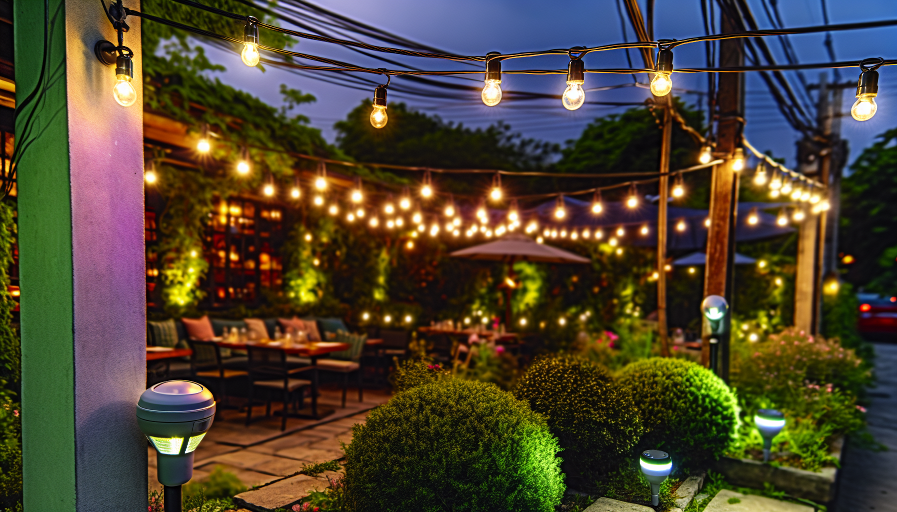 Inviting patio and garden lights creating a warm outdoor ambiance