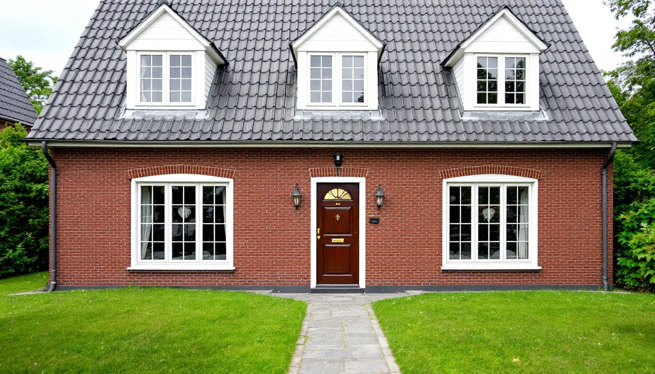 Een traditioneel Nederlands huis met een klassieke raamindeling, voorzien van houten kozijnen en een charmante gevel. De natuurlijke uitstraling van het huis wordt versterkt door de symmetrische ramen, die bijdragen aan de karakteristieke architectuur van de regio.