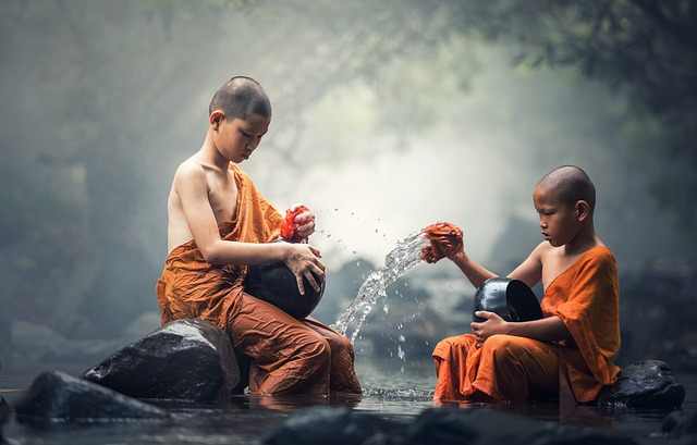 boys, monks, river
