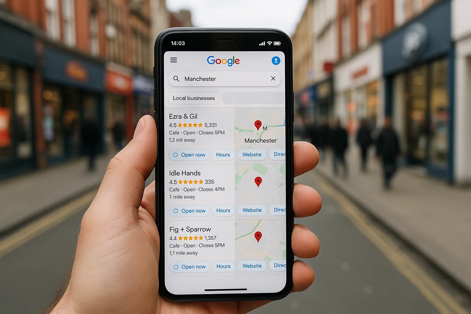 Smartphone displaying local SEO results for businesses in Manchester.