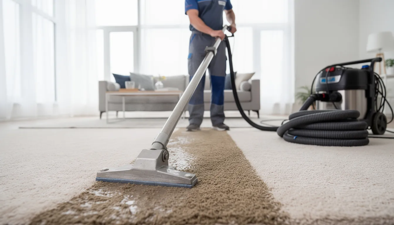 The image depicts a professional carpet cleaner using specialized equipment to perform steam cleaning on a heavily soiled carpet, ensuring a deep clean that targets tough stains and pet odors. This process helps maintain clean carpets and a healthier home environment by neutralizing odors and removing deep seated dirt.