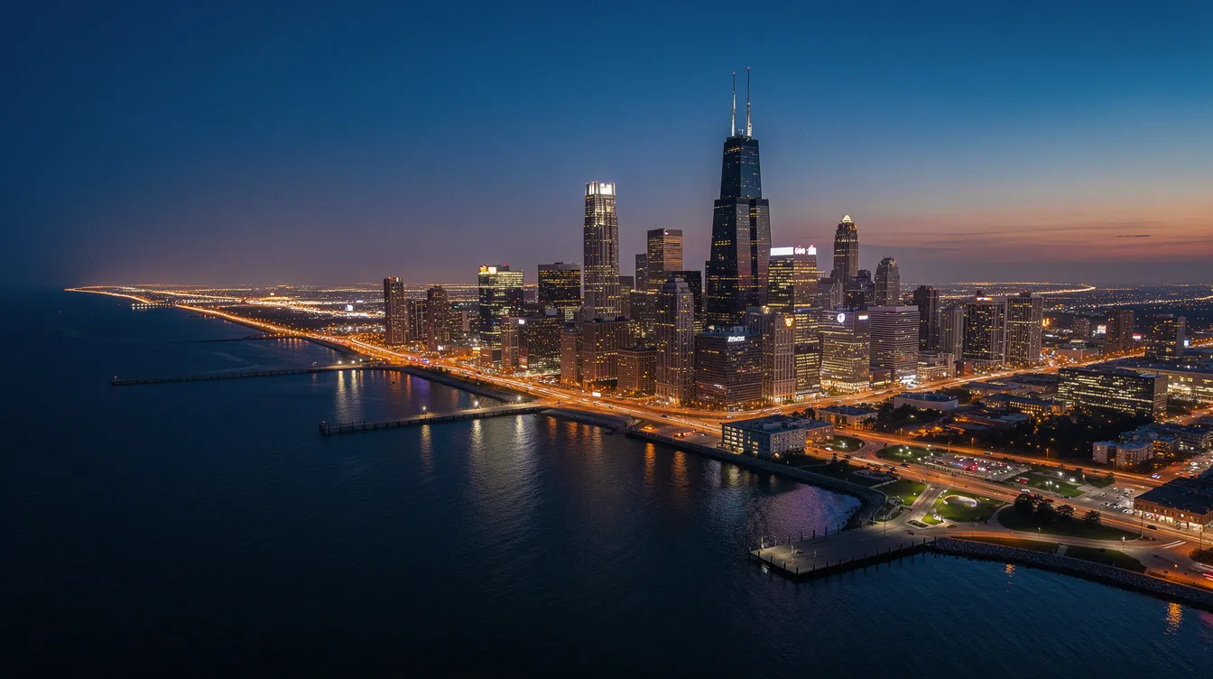 An aerial view of the Chicago skyline at dusk showcases the city’s vibrant lights reflecting beautifully on Lake Michigan, creating a stunning contrast against the darkening sky. This picturesque scene highlights the urban landscape, which is part of Illinois, a state with evolving cannabis regulations and a burgeoning cannabis industry.