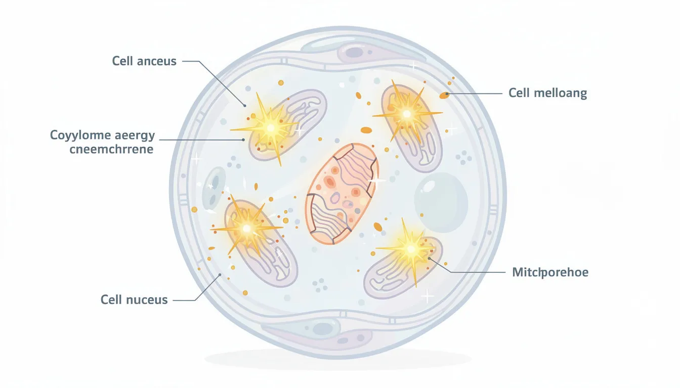 The illustration depicts mitochondria within a cell, highlighting their role in cellular energy production. It emphasizes the importance of NAD (nicotinamide adenine dinucleotide) and its precursors, such as NMN and NR, in boosting NAD levels for enhanced mitochondrial function and overall cellular health.