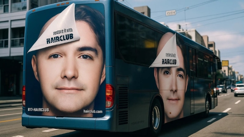 Bus wrap with pictorial representation of hair restoration
