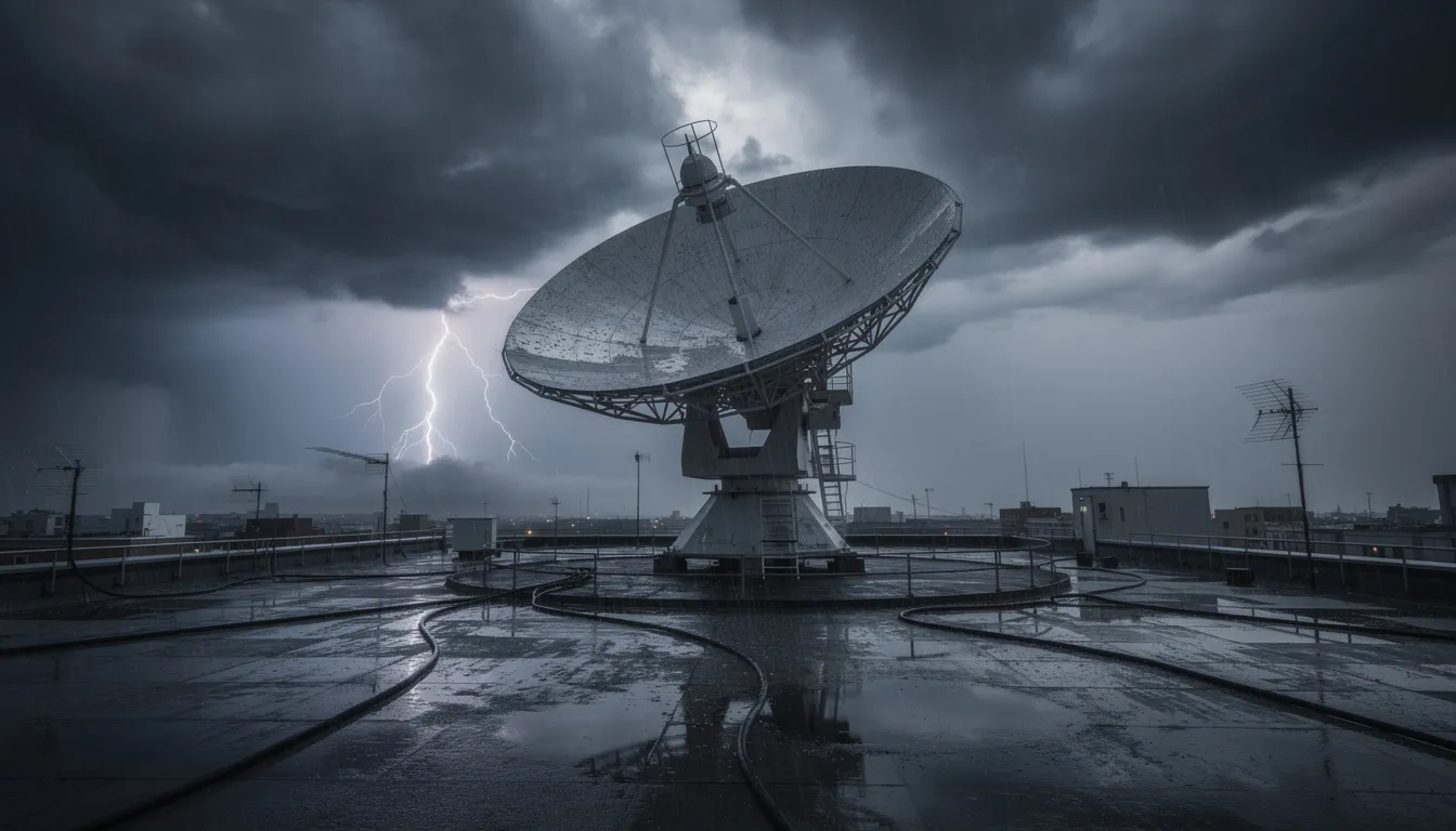 A satellite dish is mounted on a rooftop, braving stormy weather with dark clouds looming overhead. This image highlights the importance of professional dstv installation services to ensure optimal signal reception, even in challenging conditions.