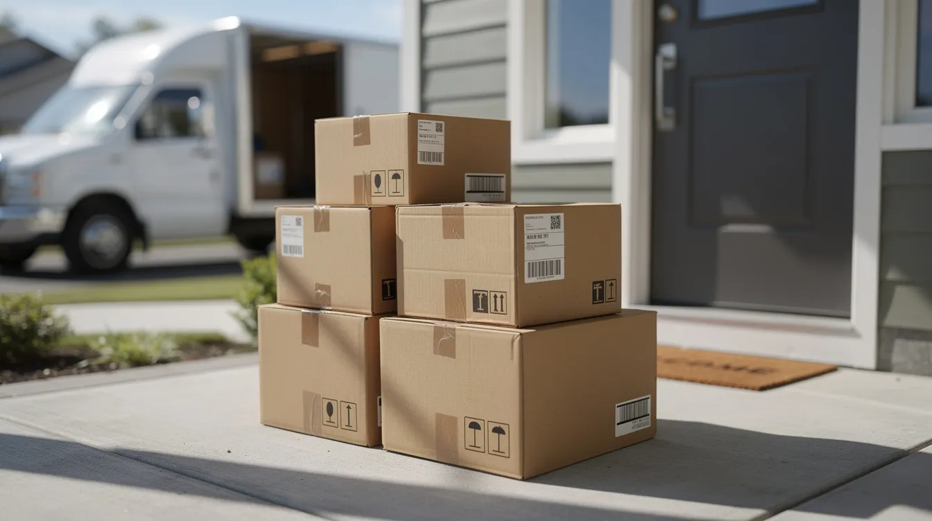 The image shows several cardboard shipping boxes stacked neatly near a doorstep, with a delivery truck parked in the background. This scene reflects the logistics of an online business model, highlighting the importance of efficient inventory management for entrepreneurs in the dropshipping and affiliate marketing industry.
