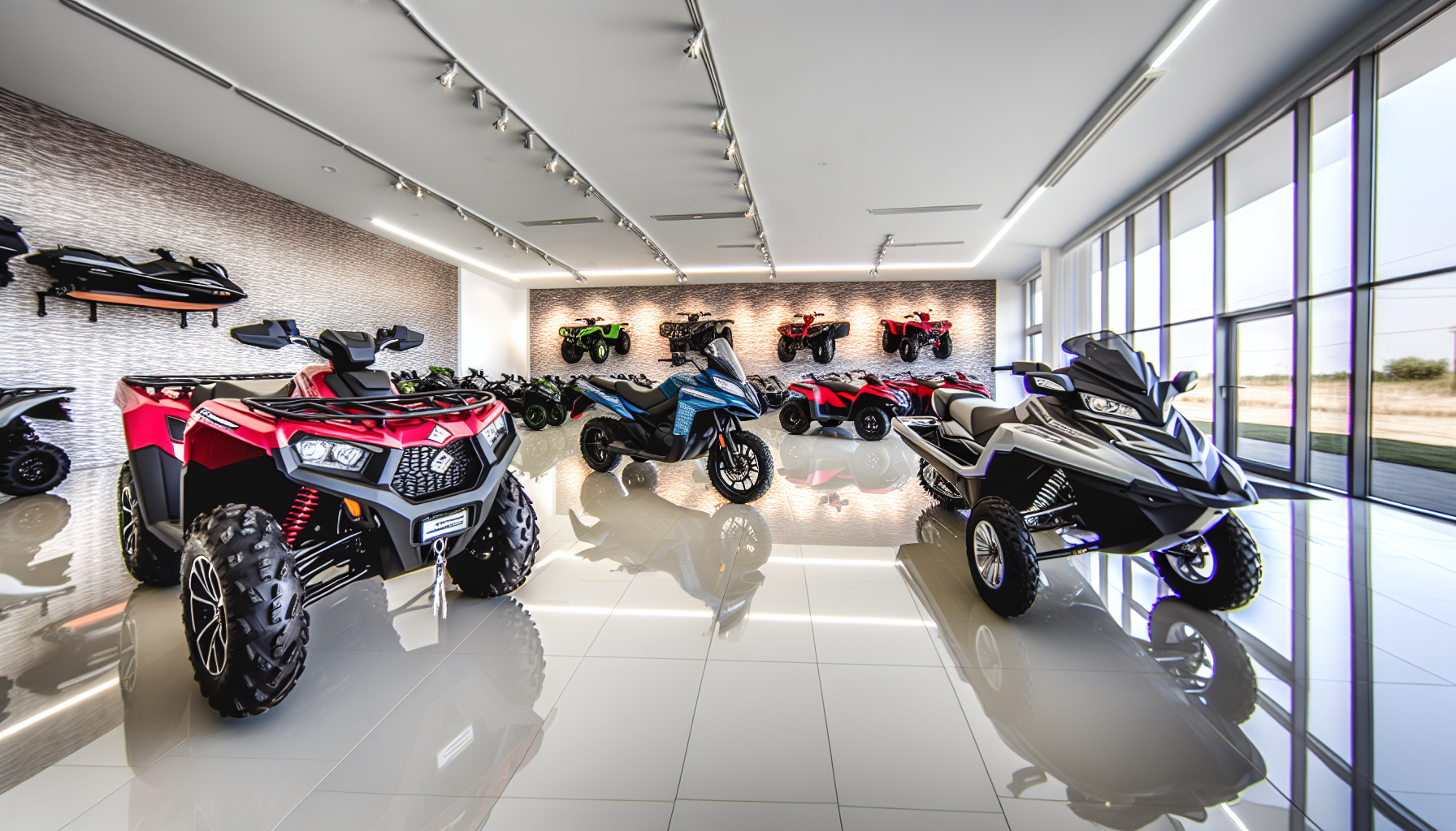Various types of powersports vehicles displayed in a showroom