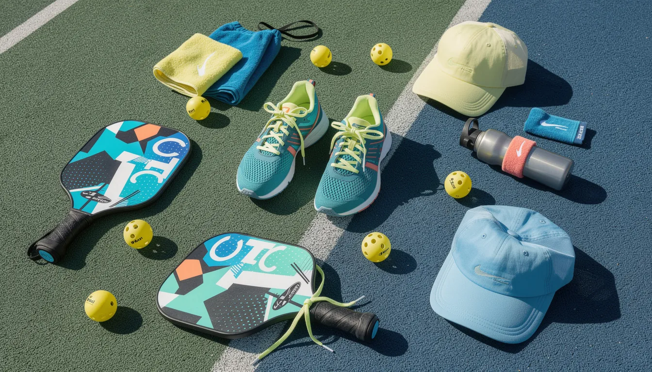 The image features a variety of stylish pickleball court shoes and colorful accessories, including a pleated skirt and lightweight shorts, neatly arranged on the court surface. This vibrant display showcases the latest pickleball fashion trends for 2025, perfect for women looking to enhance their pickleball outfits while playing the game.