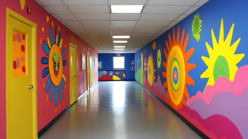 Vinyl wraps on smooth clean walls in a school