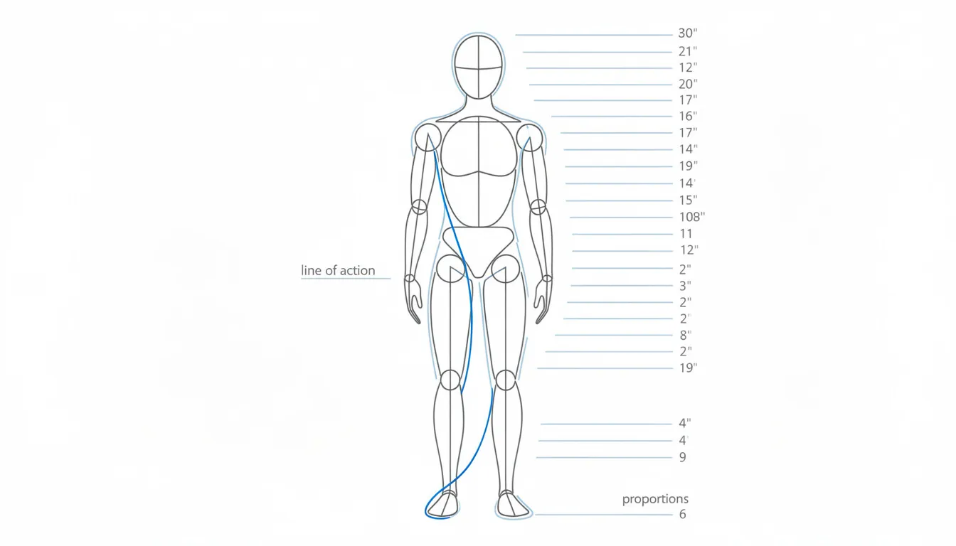 The image depicts a simple figure construction diagram, illustrating a line of action along with basic shapes for the torso and limbs, accompanied by proportion guidelines to enhance drawing skills. This resource is designed to assist artists in creating well-proportioned characters and poses during their practice sessions.