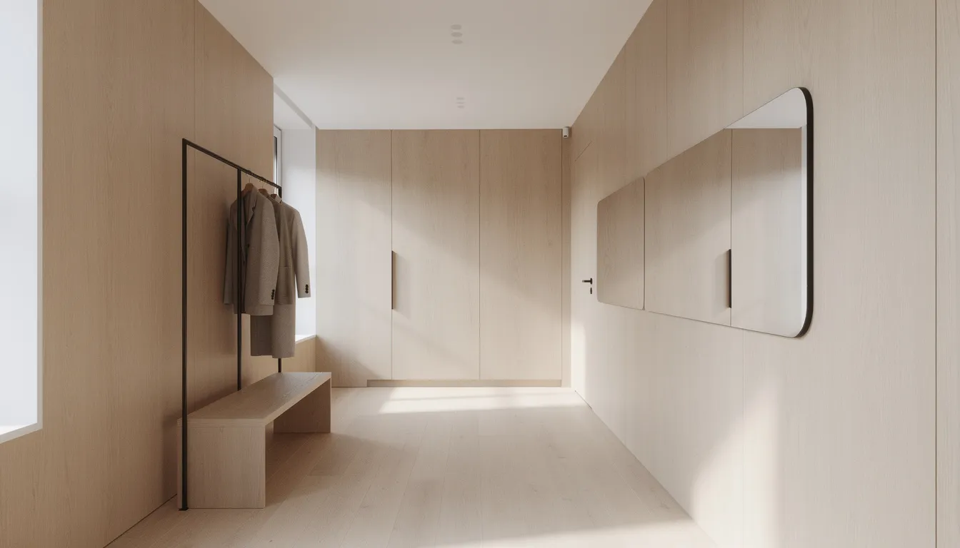 Een moderne hal met lichte houten lambrisering, een grote spiegel en een minimalistische kapstok. De houten wandpanelen creëren een rustgevende sfeer en dragen bij aan de eigentijdse uitstraling van het interieur.