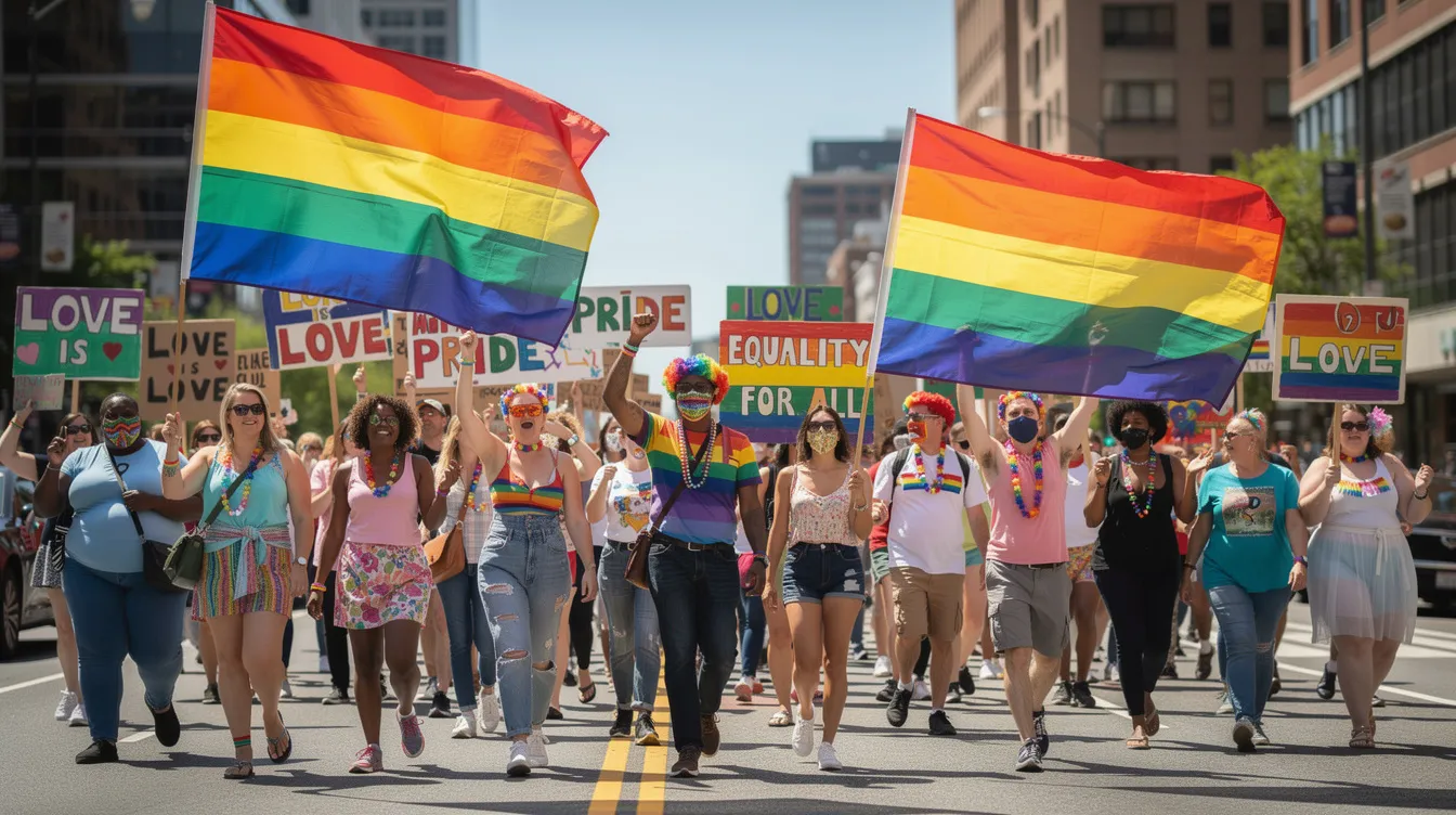 Ongoing Struggles and Achievements in LGBTQIA Rights 2 - Consent Culture A diverse group of people, representing various sexual orientations and gender identities, walk together at a pride march, proudly holding rainbow flags and hand-painted signs under a clear blue sky, symbolizing ongoing struggles and achievements in LGBTQIA rights. Their presence highlights the importance of equality and legal protections for all individuals, including same-sex couples and transgender people.