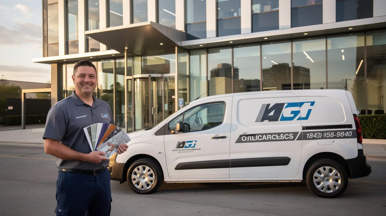 A franchise owner stands proudly next to a branded work van outside a modern commercial building, showcasing various window film samples. This image highlights the opportunity for business ownership within the commercial cleaning franchise industry, emphasizing the support and resources available for franchise owners.