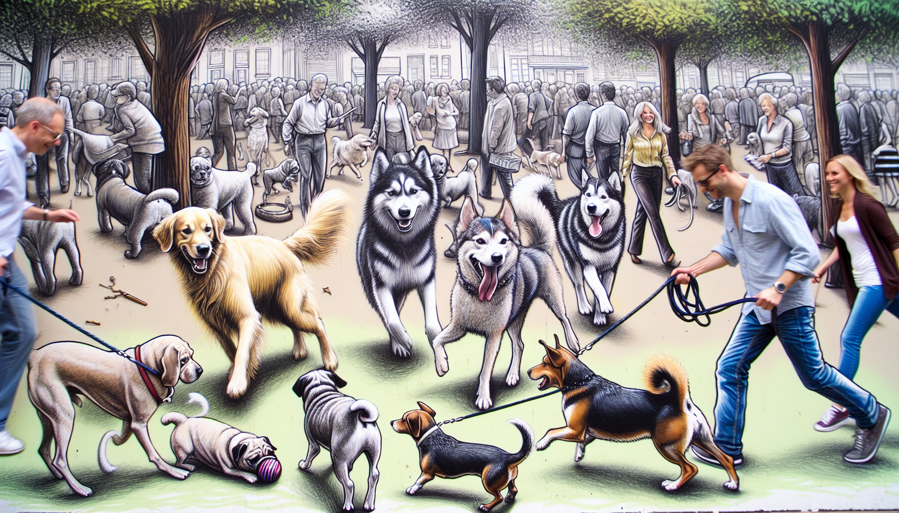 Drawing of dogs playing together in a social setting