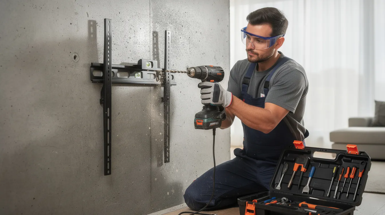 A technician is using a drill to securely install a sturdy TV mount on a concrete wall, ensuring it is level and ready to support the TV in the room. The process involves using screws and hardware to create a clean and safe setup for the television.