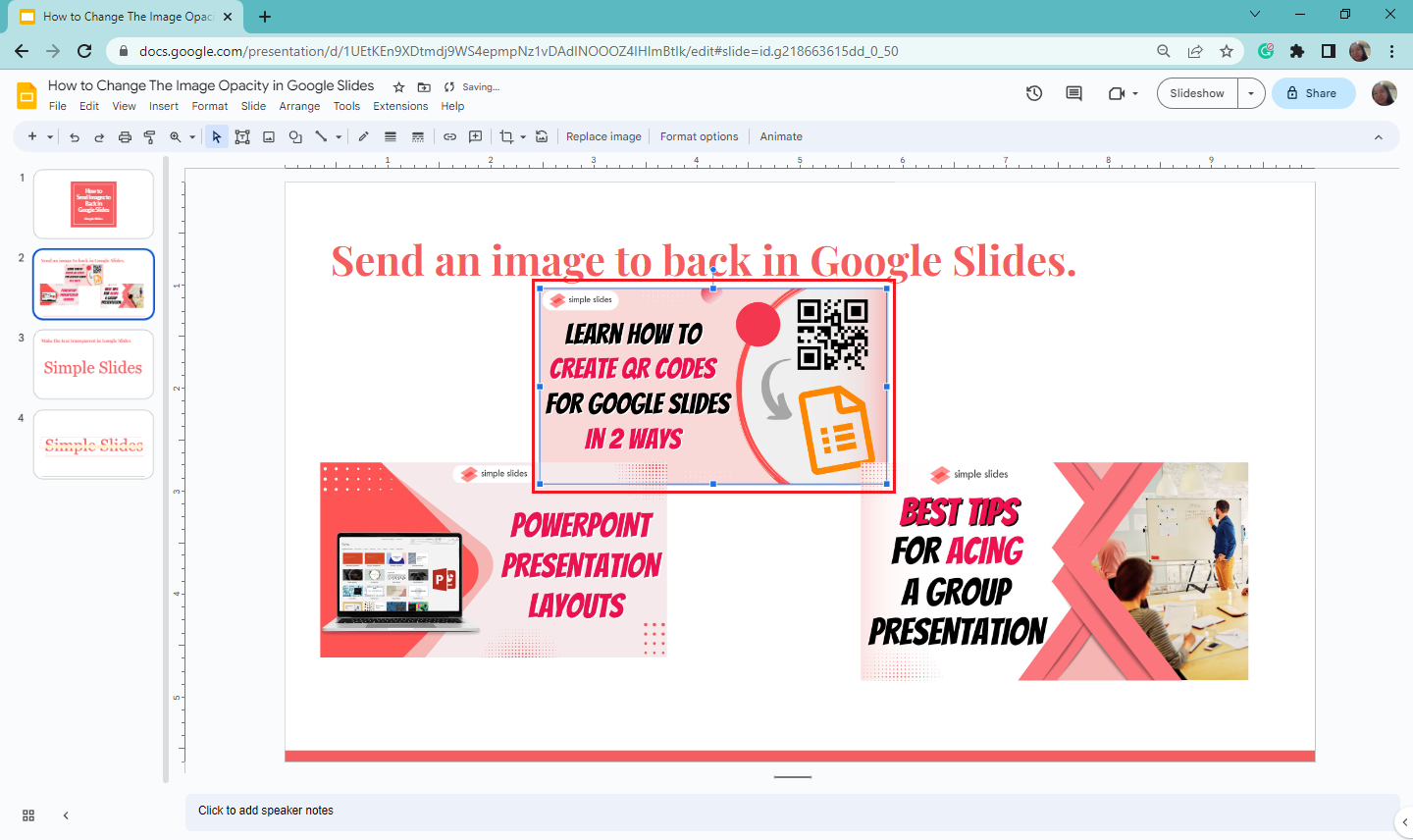 After you select "Send-to-back," you can move and adjust your visual in your Google Slides.