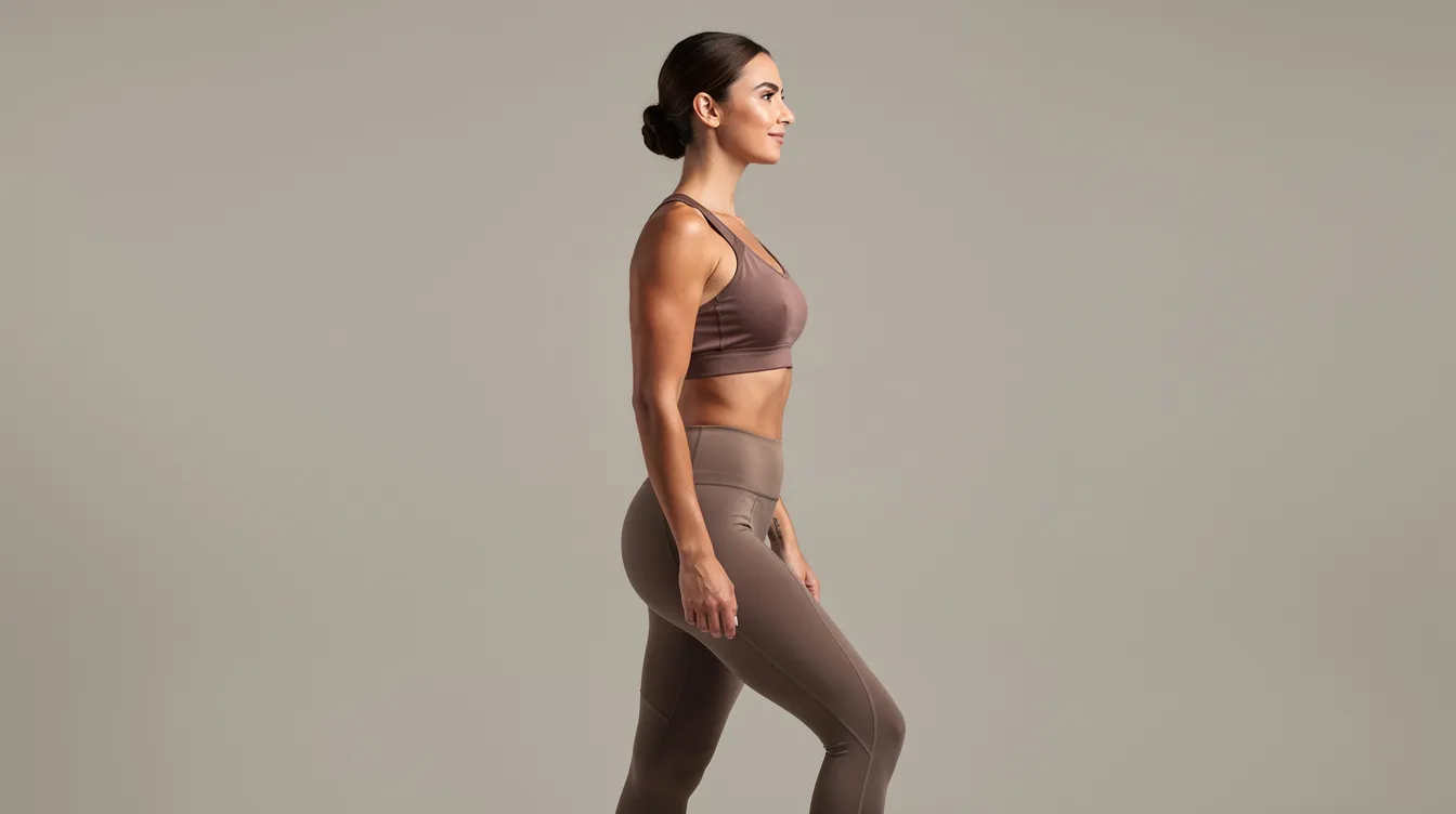 A woman in athletic wear stands sideways, showcasing her natural curved silhouette against a neutral background, highlighting the body contouring effects often sought after in procedures like the Brazilian butt lift or non-surgical butt lift. Her pose emphasizes the natural shape and enhancement that many desire, reflecting the results of liquid BBL techniques that stimulate the body's natural collagen production.