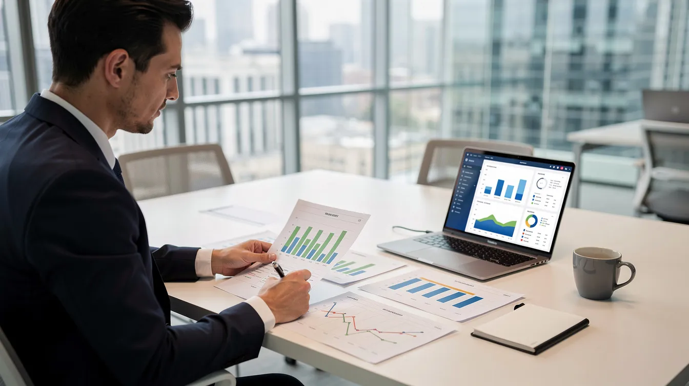 A professional is seated at a modern office desk, intently reviewing financial documents alongside charts displayed on a laptop. The setting suggests a focus on venture capital investments, potentially involving emerging growth companies and their legal aspects.