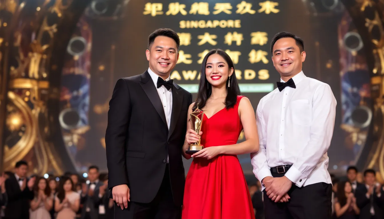 In the image, a diverse group of Singaporean business leaders stands proudly on stage, receiving prestigious accolades during the SBR National Business Awards ceremony. The atmosphere is filled with excitement as they celebrate their outstanding achievements and contributions to Singapore's business landscape.