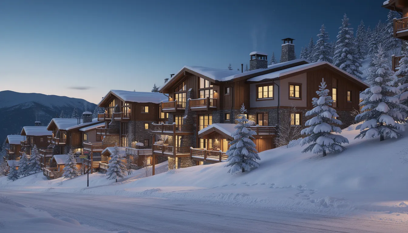 The image depicts a picturesque snow-covered mountain town, featuring cozy townhomes and condos with warm lights glowing from their windows during the evening. This inviting scene captures the charm of Brian Head Resort, a perfect destination for night skiing and winter activities in Southern Utah.