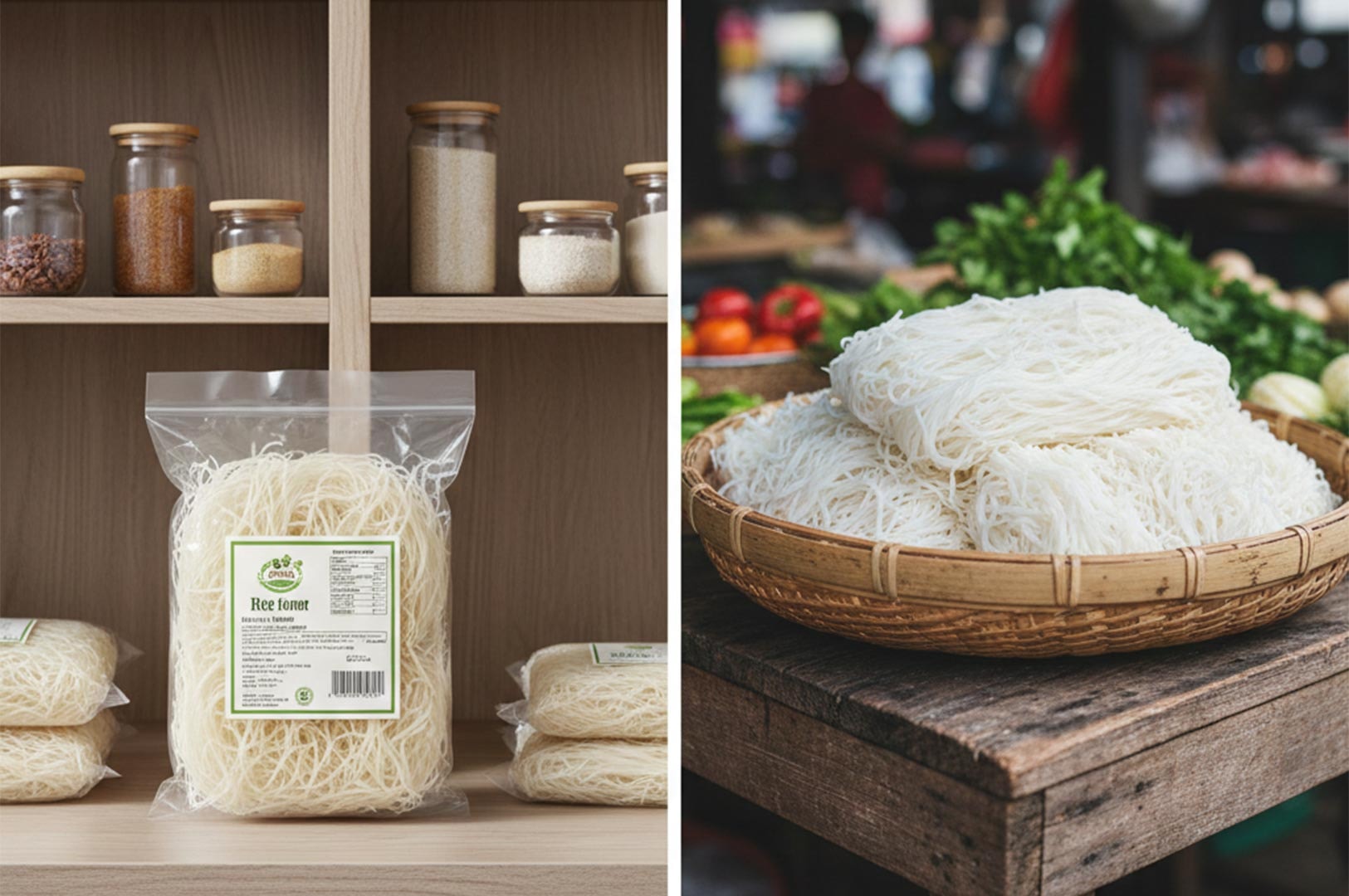 A split image showing a retail package of rice vermicelli on a shelf and fresh noodles piled in a bamboo basket at a market.