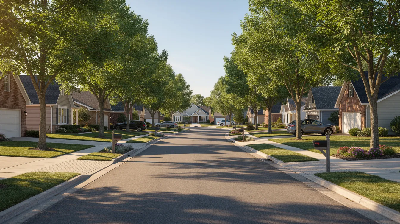 The image depicts a peaceful residential suburban street featuring tree-lined sidewalks and driveways, creating a serene atmosphere. This idyllic setting could be a potential delivery location for expedited car shipping services, ensuring efficient transport for vehicles in a friendly neighborhood environment.