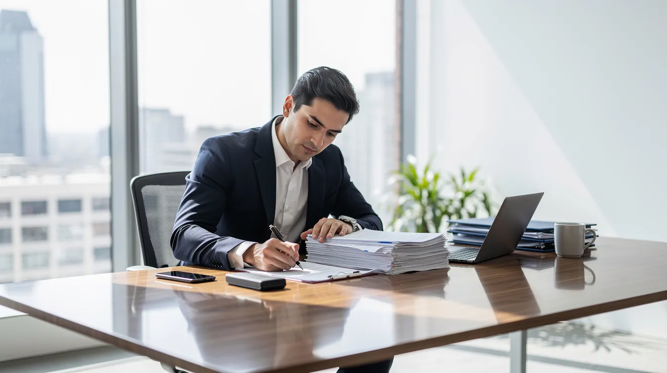 A business professional is seated at a modern desk, meticulously reviewing paperwork in a well-lit office environment. The scene reflects an atmosphere of professionalism and attention to detail, essential for effective administration and compliance with regulations such as the Political Reform Act and the Fair Political Practices Commission in California.
