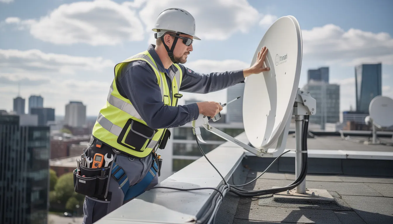 A professional technician in work gear is seen adjusting a satellite dish on a rooftop, demonstrating the expertise required for reliable dstv installation services. This image highlights the importance of quality installation for optimal signal reception and customer satisfaction.