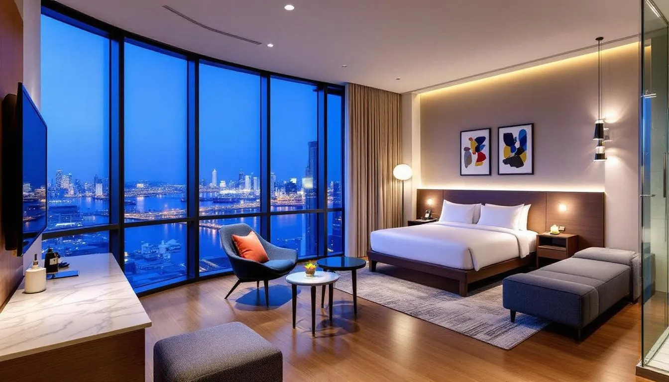 A modern deluxe hotel room features premium furnishings and offers a stunning city view, complete with a spacious living area and a luxurious bathroom. The room includes a comfortable double bed, making it an ideal choice among various hotel room types for travelers seeking elegance and comfort.