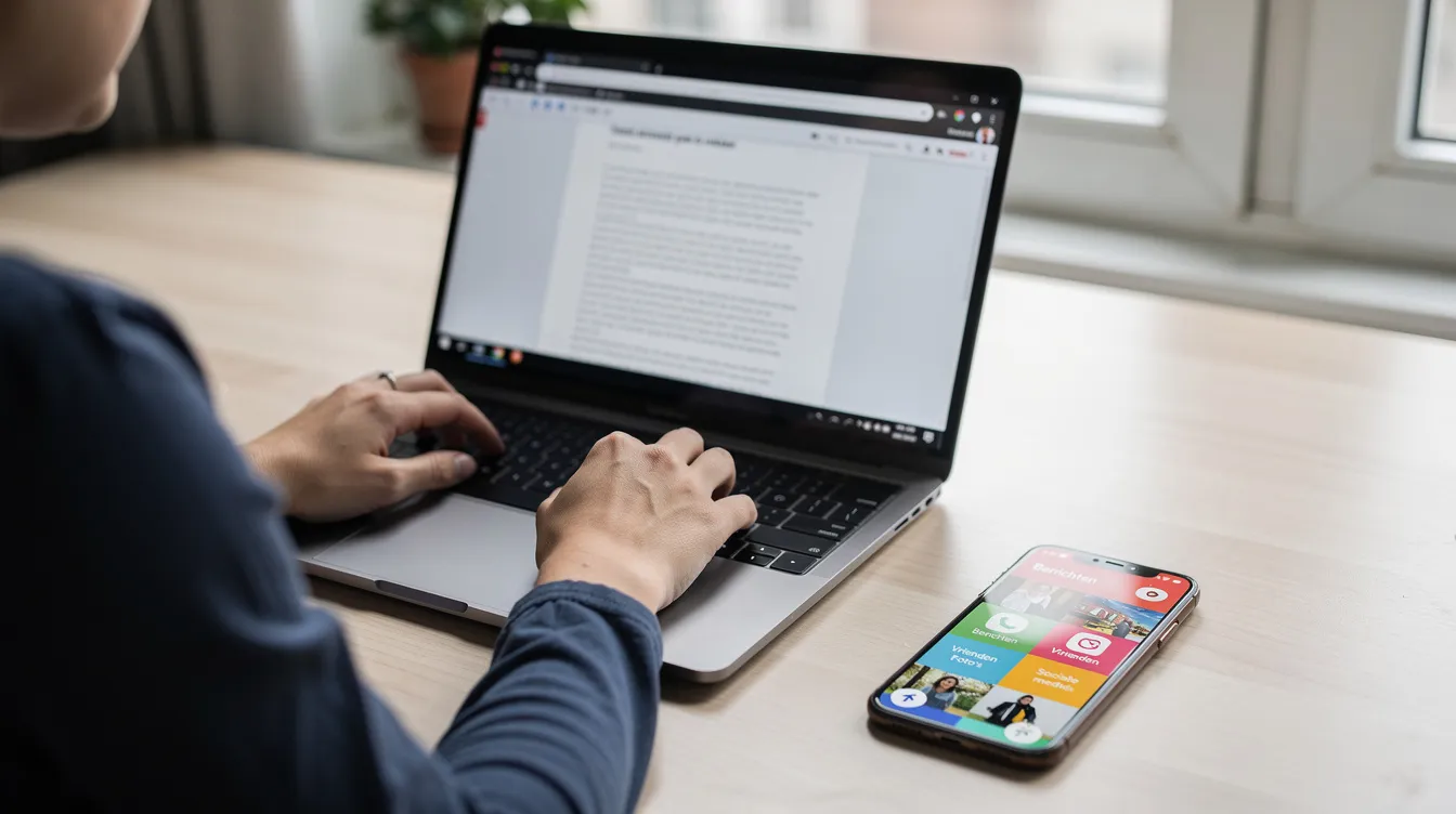 Een persoon zit aan een bureau en werkt geconcentreerd op een laptop, terwijl er naast hen een smartphone ligt met verschillende sociale media-apps geopend. Deze setting kan worden gezien als een voorbeeld van hoe klanten de marketingmix gebruiken om producten en diensten online te verkennen.