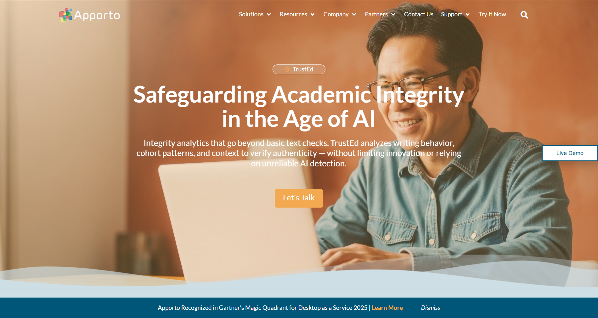 Apporto's page for TrustEd highlighting academic integrity and AI-powered authenticity analytics.