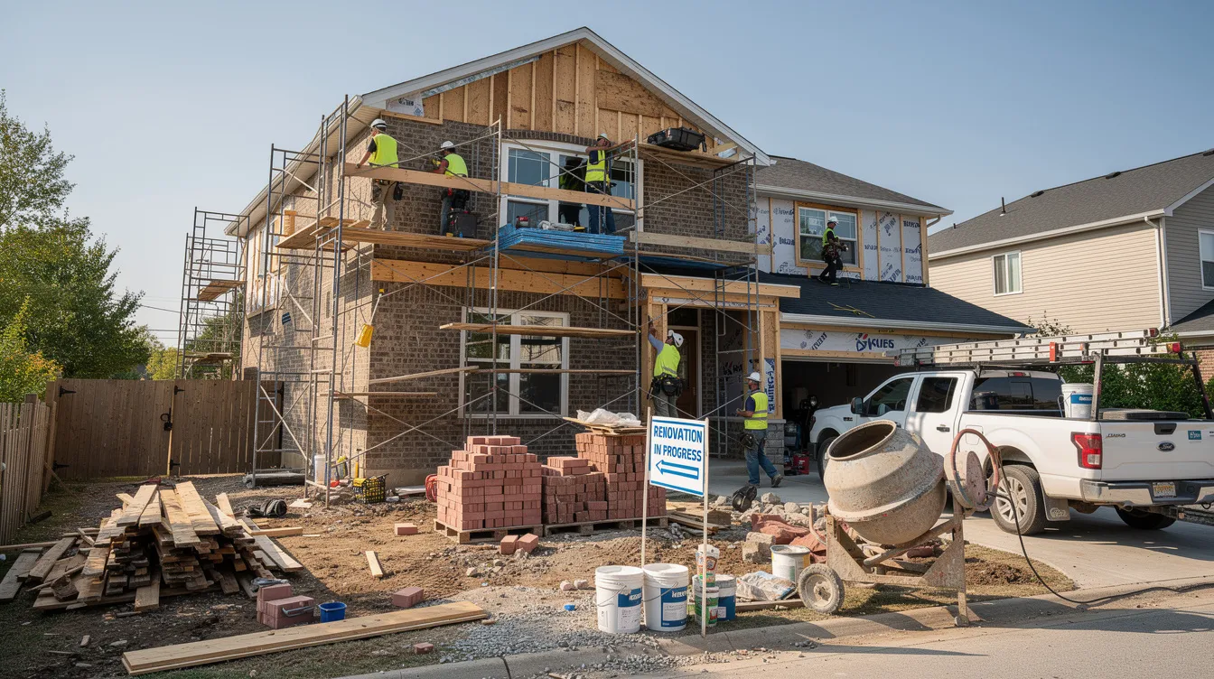 The image shows a residential property undergoing renovation, with scaffolding surrounding the building and construction workers actively engaged on site. This scene reflects the ongoing real estate project, which may attract interest from hard money lenders and real estate investors looking to finance fix and flip opportunities.