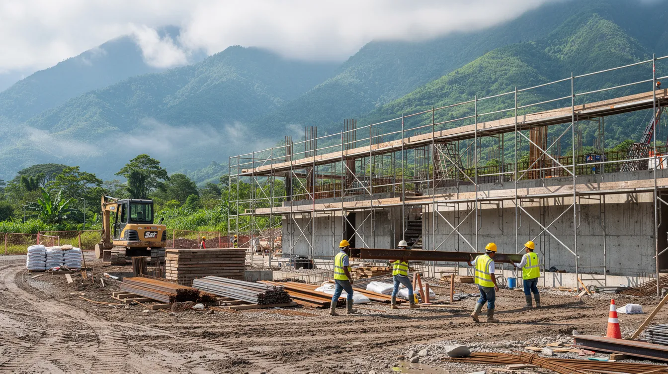 The image depicts a bustling construction site set against a backdrop of green mountains, featuring workers in hard hats and safety gear, along with scaffolding and construction equipment. This scene highlights the importance of adhering to contract law and ensuring compliance with applicable regulations in the construction industry.