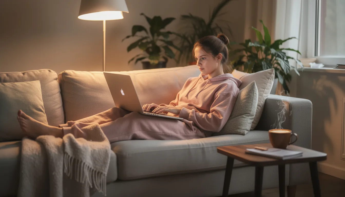 A person is comfortably relaxing at home, browsing on a laptop with a warm cup of coffee beside them, immersed in online casino games or exploring the best online casinos for an enjoyable gaming experience. The cozy atmosphere suggests a perfect setting for online gambling, whether it’s playing slots or enjoying live dealer games.