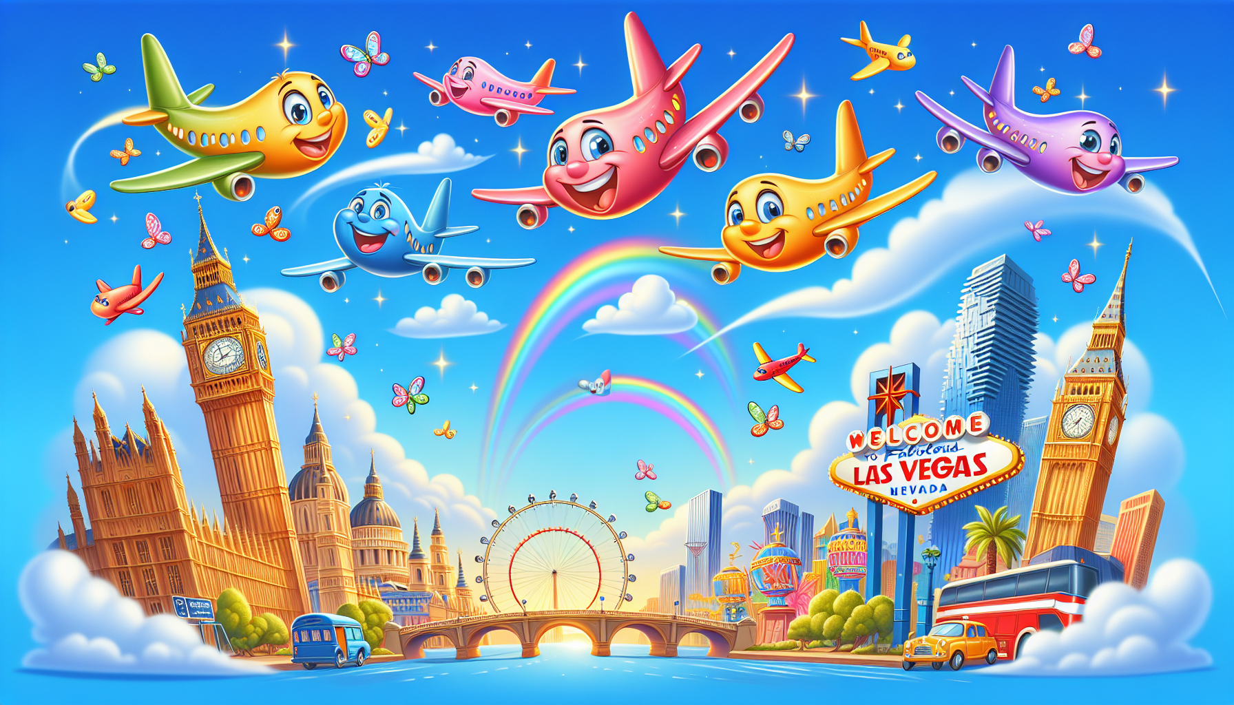 A cartoon showing various direct flights from London to Las Vegas.