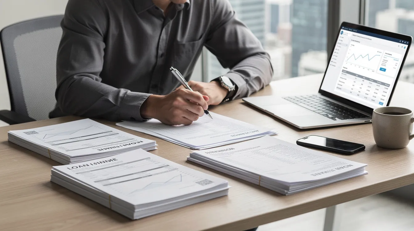 9dfea52c f551 4474 a9cc 92a0d367ac2a An entrepreneur is seated at a desk, thoughtfully reviewing loan documents alongside a laptop, papers, and various financial statements. The scene illustrates the process of securing financial assistance for small businesses, highlighting the importance of documents like bank statements and proof of identity in obtaining a mudra loan or business loan from financial institutions.