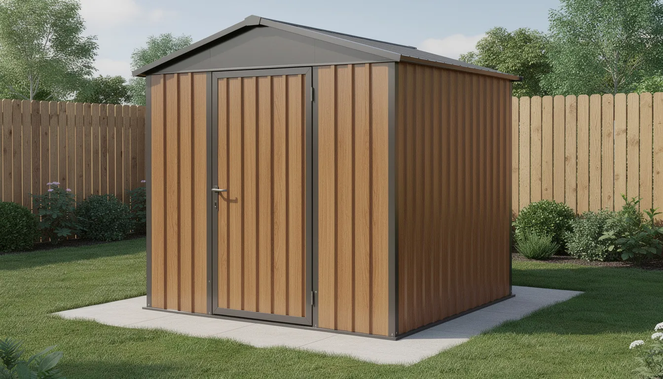 The image depicts a light green 6’8 x 4’6 Yardmaster Woodview Metal Shed, featuring a spacious design with double sliding doors for easy access. Made from weather-resistant galvanized steel, this outdoor shed provides ample storage space for gardening equipment and outdoor tools, while two ventilation windows ensure proper air flow and prevent mildew build-up.