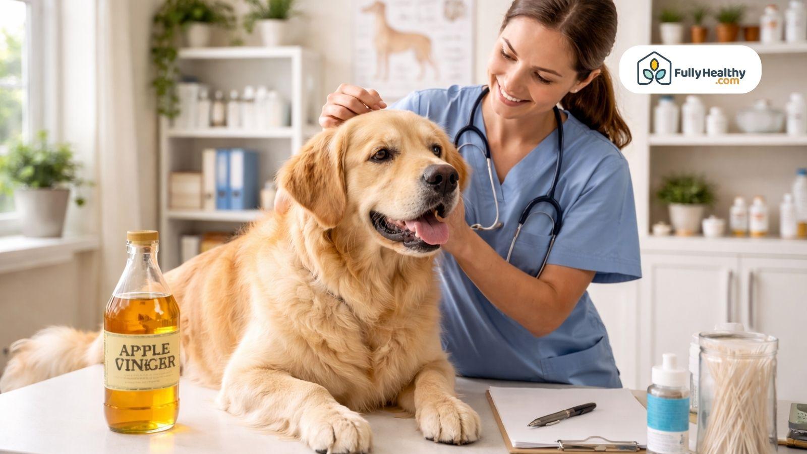 Veterinarian examining dog with apple cider vinegar bottle on table