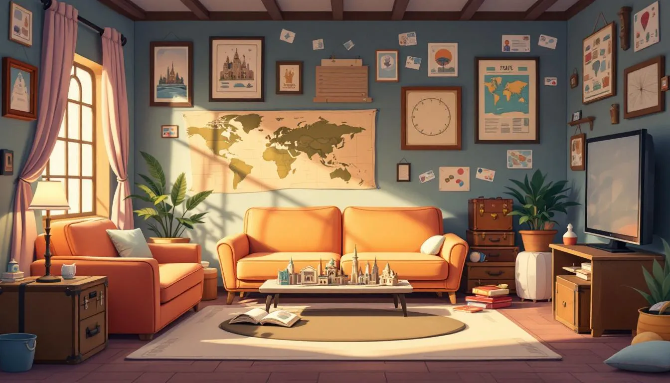 A cozy living room adorned with travel-themed home decor, inspiring wanderlust.