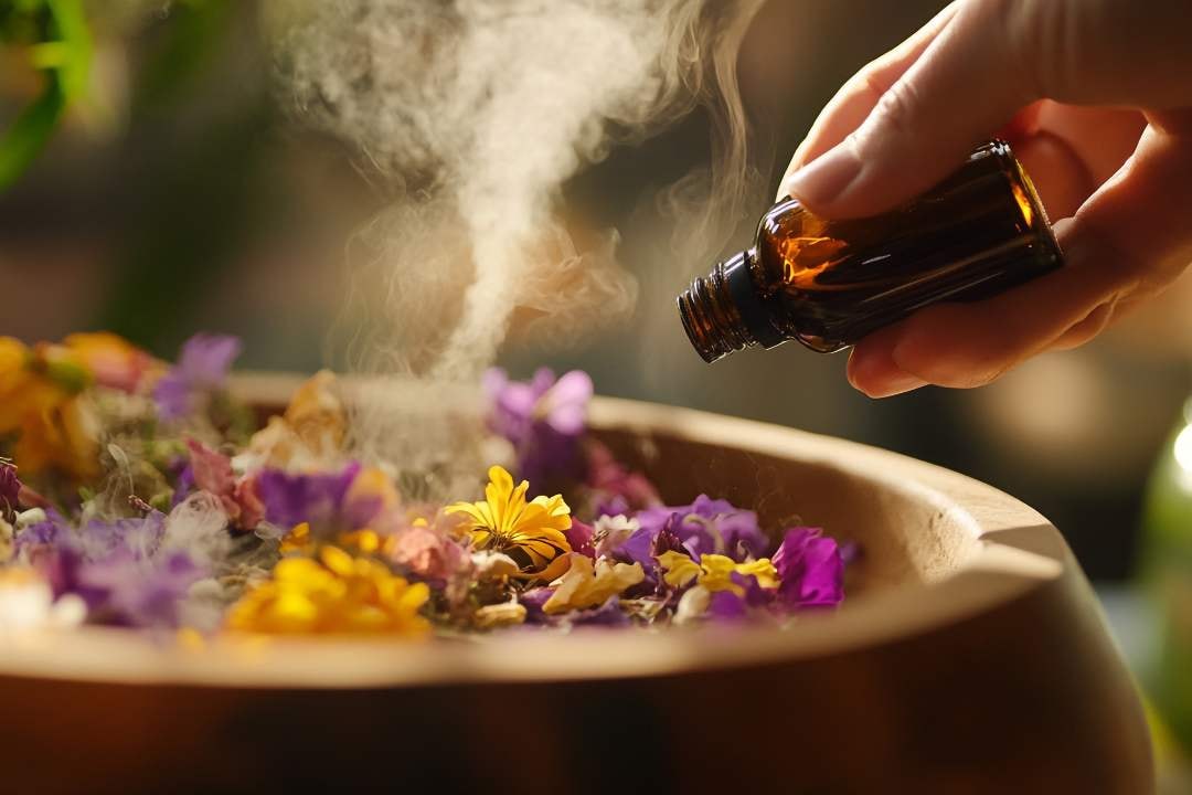 Hand pouring essential oil into a wooden diffuser with colourful flowers, releasing a calming fragrance.