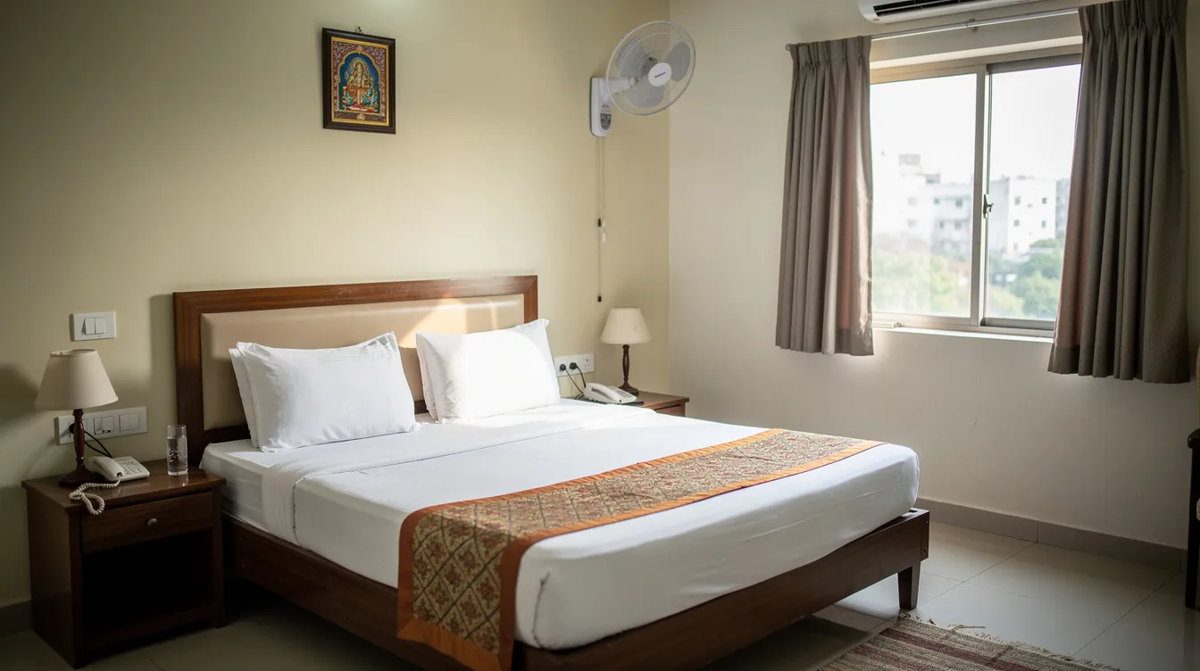 9e0246a4 8922 492c b5ef df5e6f934989 The image depicts a neatly furnished budget hotel room in India, featuring a comfortable double bed, a side table, and a window adorned with curtains, all contributing to a welcoming guest experience. This setup reflects the essential elements of a successful hotel business, showcasing the potential of low initial costs in the hospitality industry.