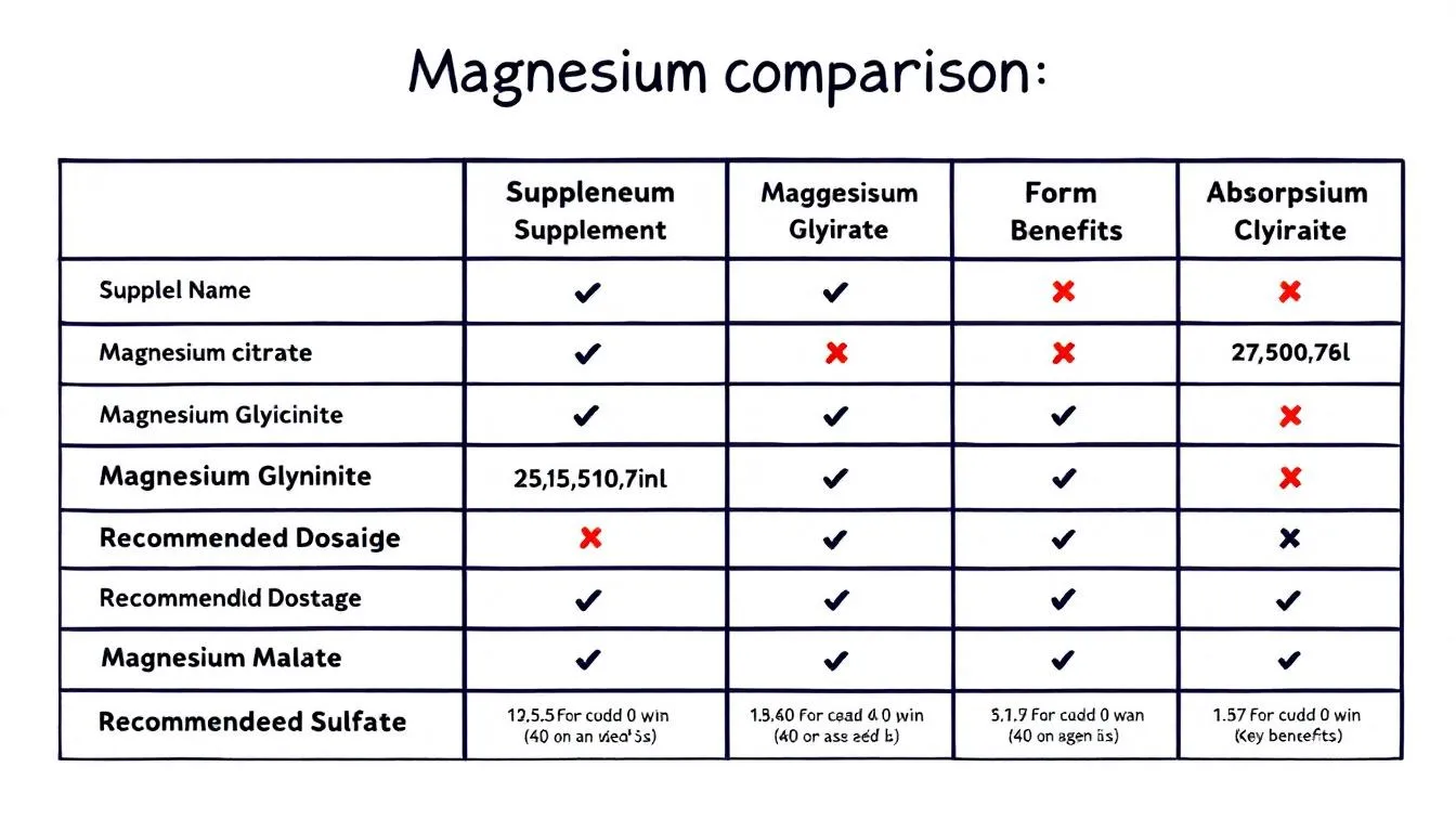 The image features a comparison chart of various magnesium supplements, including magnesium chloride, magnesium citrate, and magnesium oxide, set against a clean white background. This chart highlights the benefits and uses of these dietary supplements in relation to magnesium deficiency and overall health.