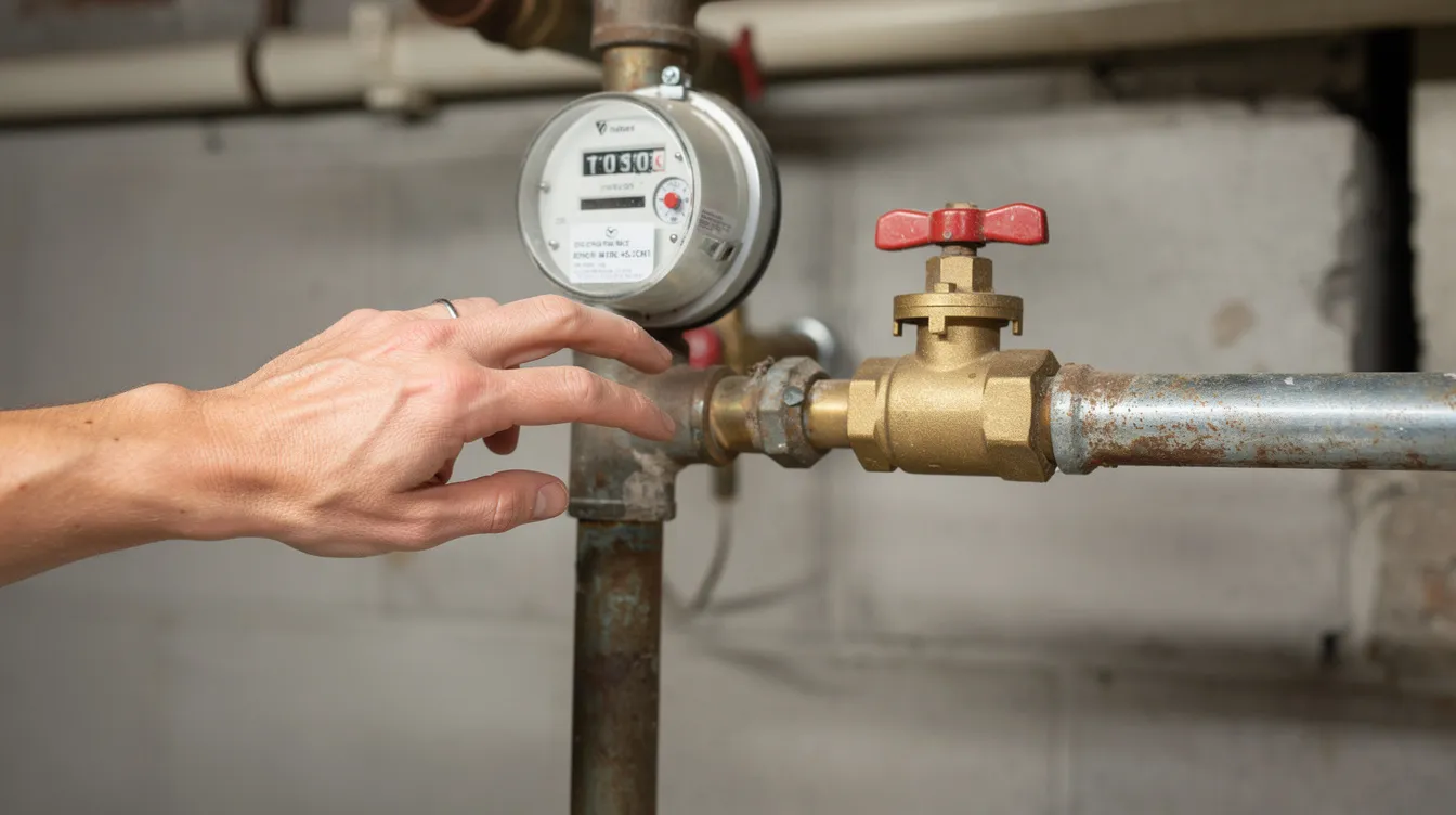 The image shows a hand reaching for a brass main water shutoff valve located on a pipe near a residential water meter, highlighting the importance of quick access during plumbing emergencies to prevent water leaks and damage. This valve is a crucial component in plumbing systems, allowing homeowners to manage water flow effectively.