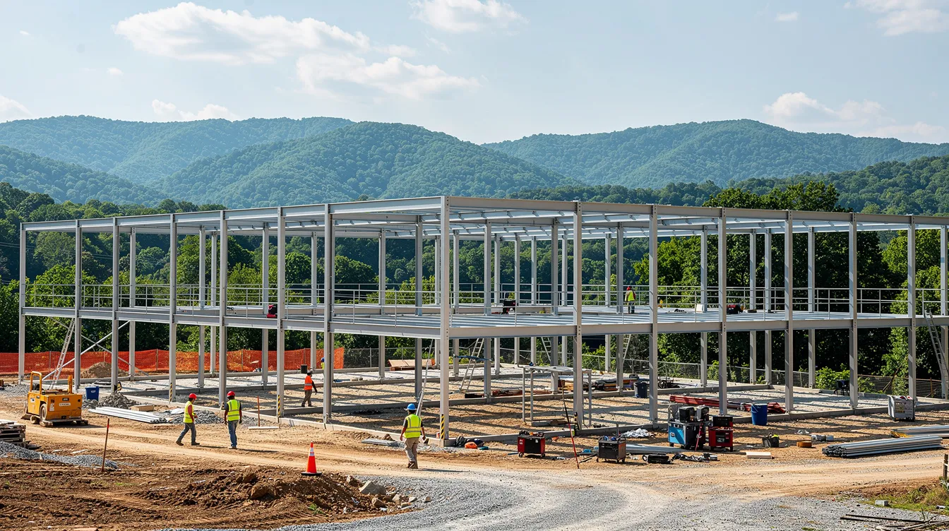 The image depicts a bustling construction site featuring steel framing with several workers wearing hard hats, set against the lush green hills of Tennessee. This scene exemplifies the dynamic nature of construction projects, where parties must carefully negotiate commercial contracts and liability clauses to protect against risks and potential damages.