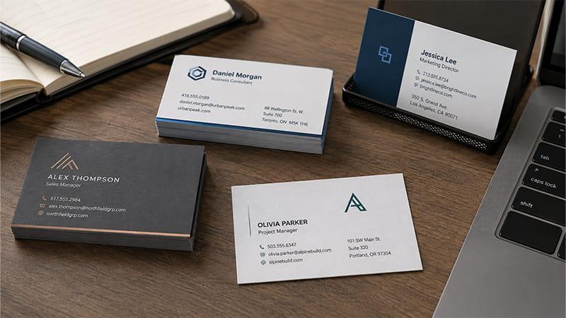 Standard business cards with clear contact details in horizontal and vertical layouts