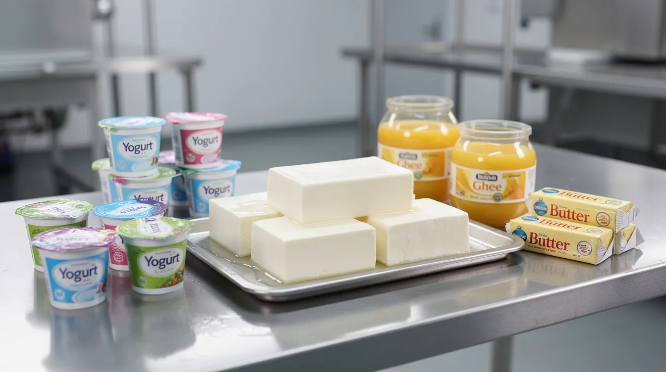 The image showcases an assortment of value-added dairy products, including neatly arranged blocks of paneer, cups of yogurt, jars of ghee, and butter, all displayed on a polished stainless steel table. This selection highlights the diversity within the dairy industry and the importance of value addition in dairy processing for enhancing profitability and meeting consumer demands.