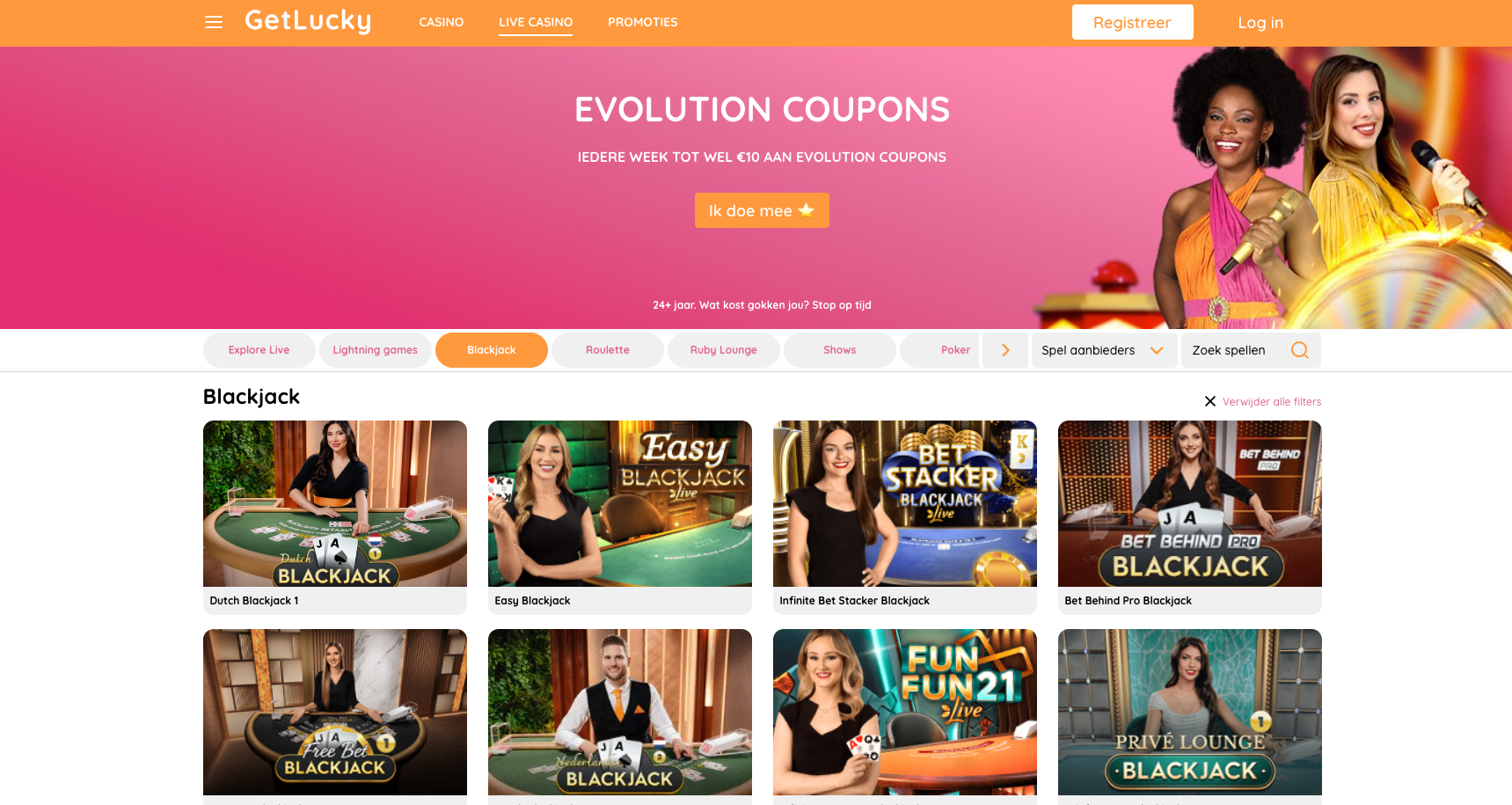 Blackjackpagina van GetLucky Casino met een promotiebanner voor Evolution coupons en een overzicht van live blackjacktafels zoals Dutch Blackjack, Easy Blackjack, Bet Stacker Blackjack en Bet Behind Pro Blackjack.