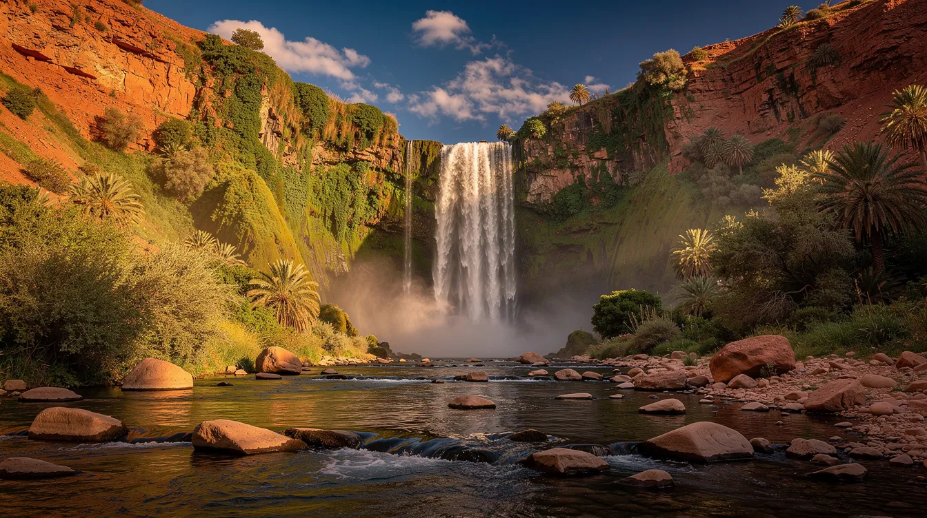 Una cascada alta entre paredes de roca verdes en un paisaje marroquí.